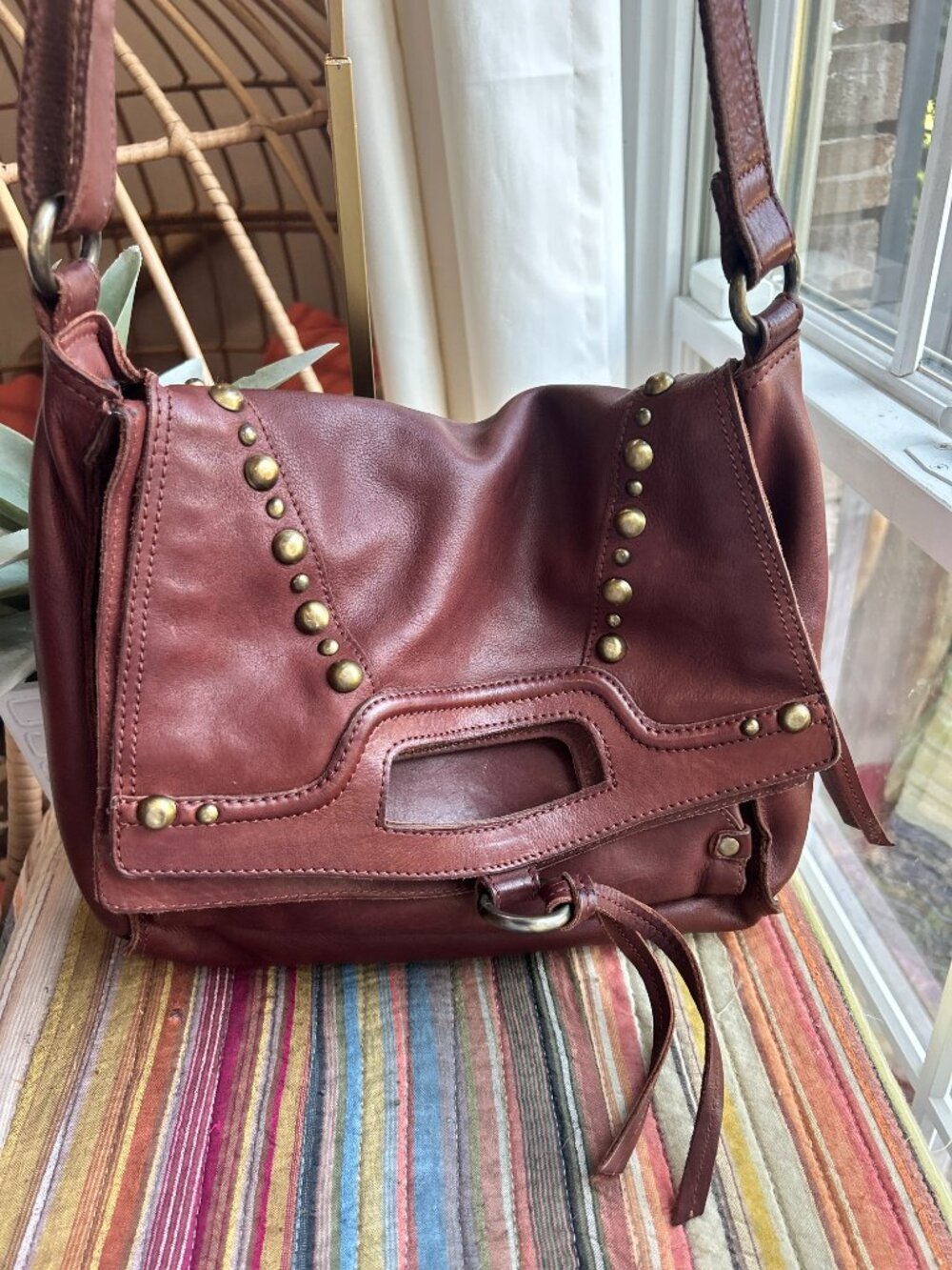 Lucky Brand Brown Leather Studded Foldover Shoulder Bag | Y2K Boho Rock Chic